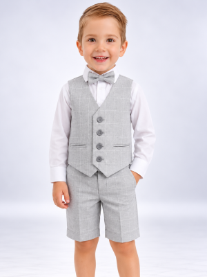 Boys 4 Piece Check Short Suit Grey