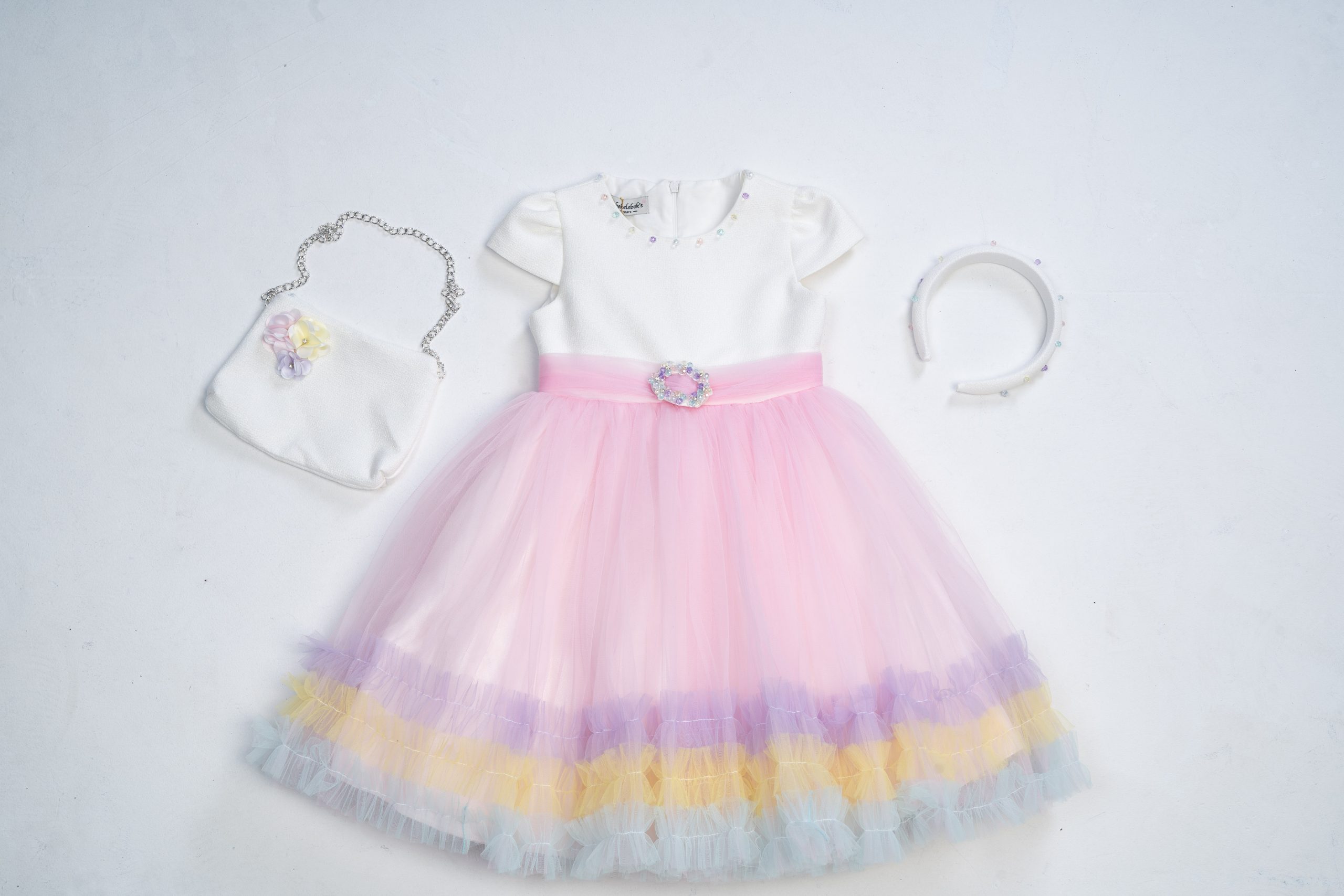 Girls Pink Multicoloured Dress with Matching Bag and headband ...