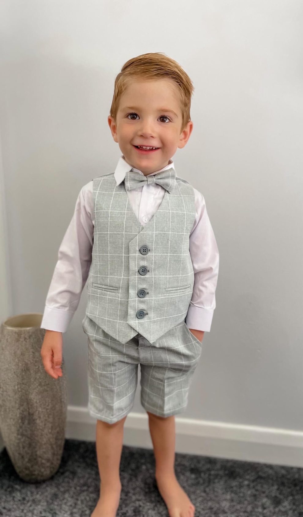 Boys 4 Piece Check Short Suit Grey Occasionwear for Kids