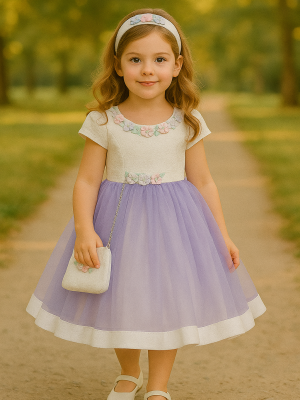 Girls Lilac Diamante Flower Dress With Bag
