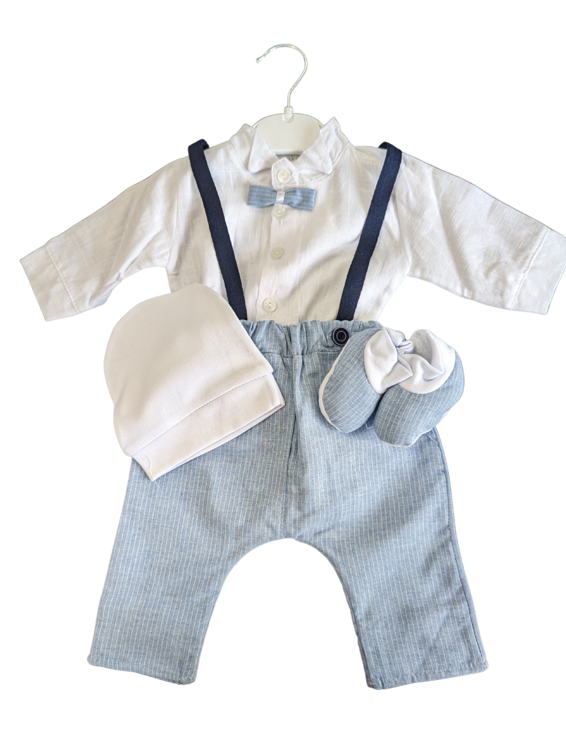 Baby Boys Blue Pinstripe Outfit with Braces Occasionwear for Kids