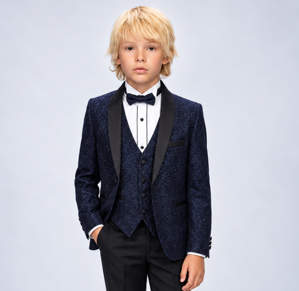 Preteen in a Navy Glitter Tuxedo