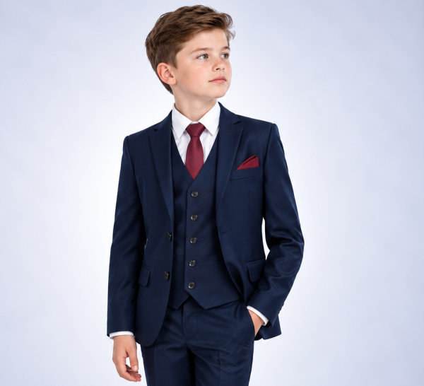 Teenage Boy in a Navy Three-Piece Suit