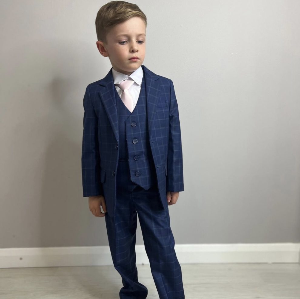 Boys 5 Piece Navy Check Suit Occasionwear for Kids