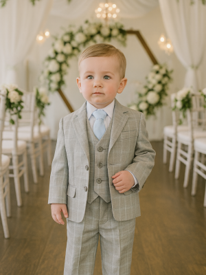 Baby Boys 5 Piece Grey with Blue Check Suit