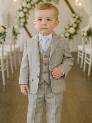 Baby Boys 5 Piece Grey with Blue Check Suit