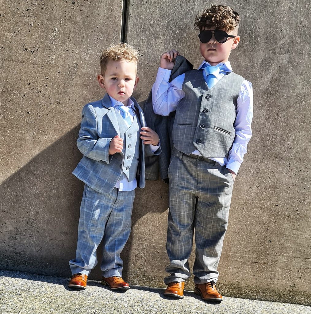 Boys 5 Piece Grey With Blue Check Suit Occasionwear For Kids boys-5-piece-grey-with-blue-check-suit-occasionwear-for-kids