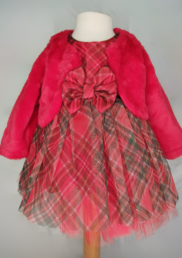 Baby Girls Dresses Girls Netted Tartan Dress with Fur Bolero and Matching Headband