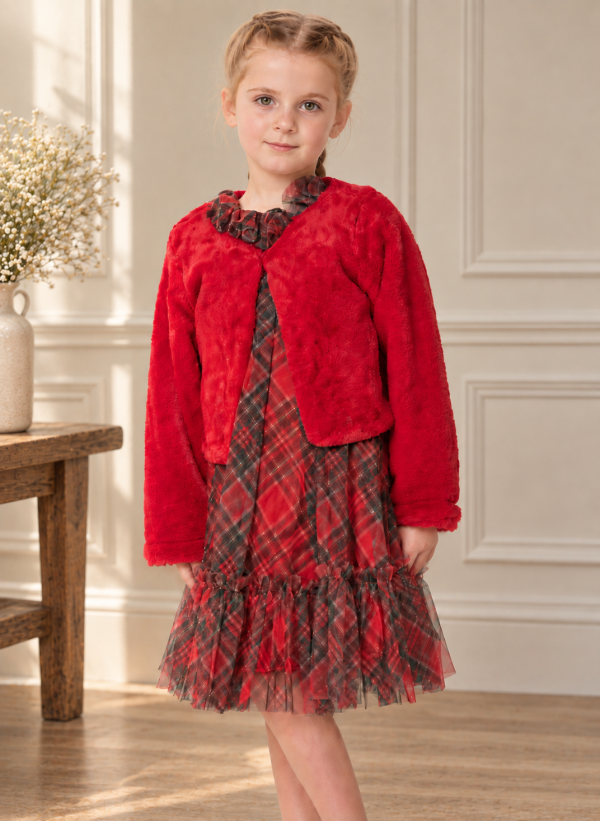 Girls Red Anne Dress with Fur Bolero-1
