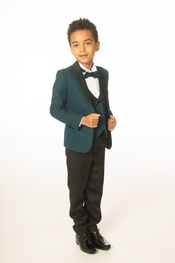 Boys 5 Piece Emerald Green Glitter Tuxedo Suit - Image 5