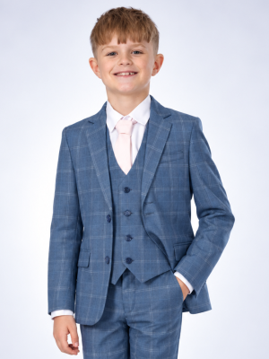 Boys 5 Piece Blue Check Suit