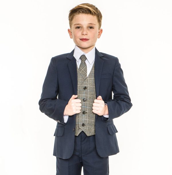 Boys 5 Piece Suits 5 Piece Navy Suit with Grey/blue Check