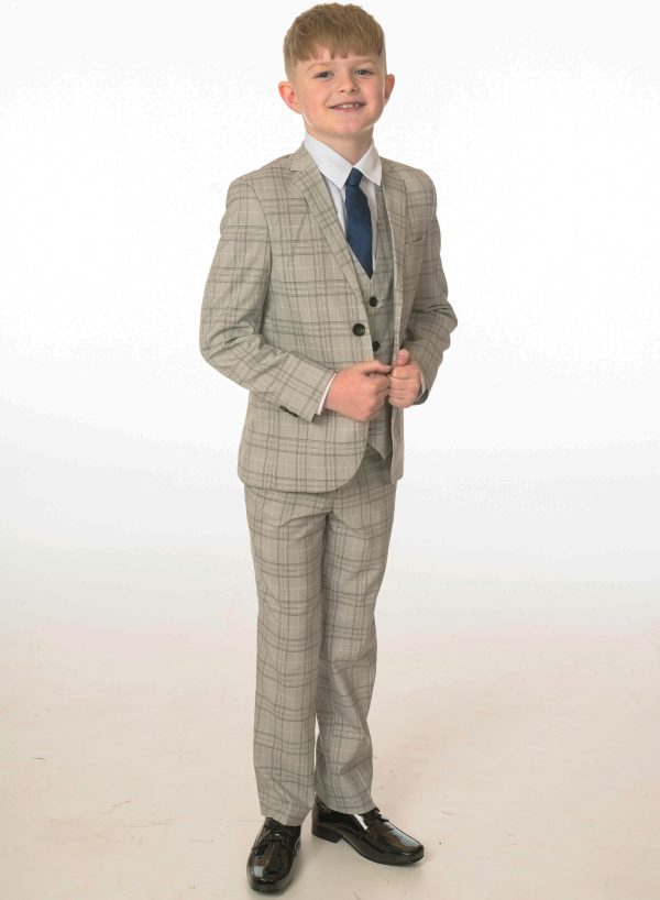 Boys Boys 5 Piece Light Grey Check Suit Milano Mayfair