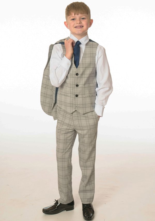 Boys Boys 5 Piece Light Grey Check Suit Milano Mayfair