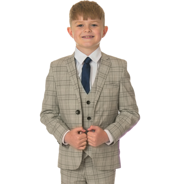 Boys Boys 5 Piece Light Grey Check Suit Milano Mayfair