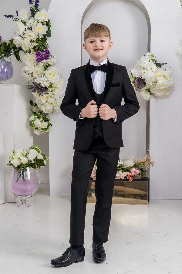 Boys 5 Piece Black Velvet Lapel Tuxedo Suit Milano Mayfair - Image 5