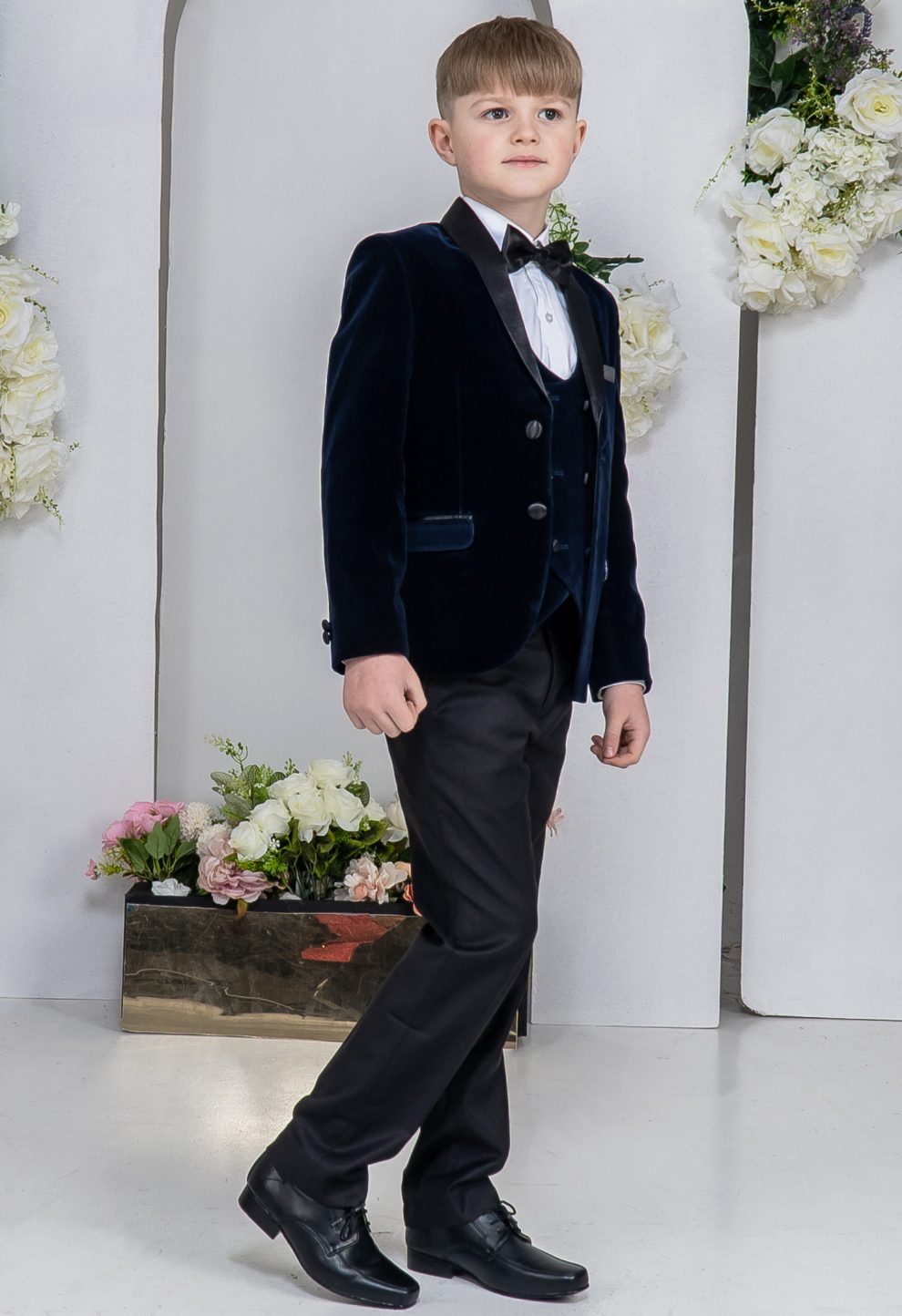 Boys Velvet Tuxedo Suit with Double-breasted Vest - Navy Blue