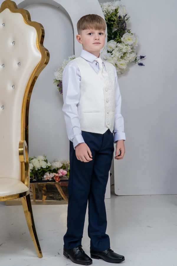 Boys 5 Piece Suits Boys 5 Piece Navy suit with cream swirl waistcoat