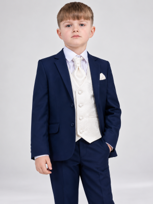 Boys 5 Piece Navy suit with cream swirl waistcoat