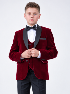 Boys 5 Piece Wine Velvet Tuxedo Suit Milano Mayfair