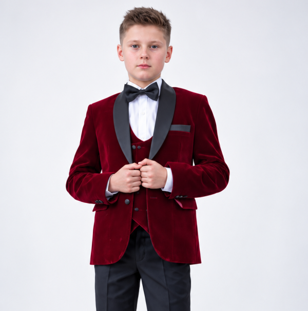 Young Gentleman in Burgundy Velvet Tuxedo