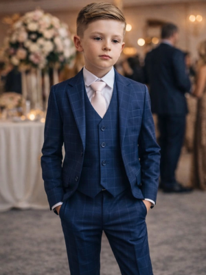 Boys 5 Piece Navy Check Suit