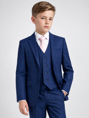 Boys 5 Piece Navy Check Suit