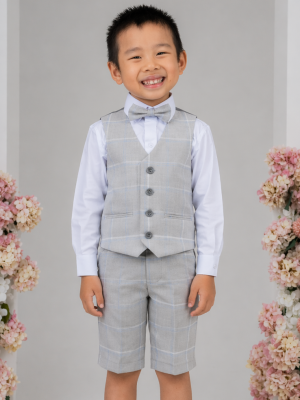 Baby Boys 4 Piece Light Grey Check Shorts Suit