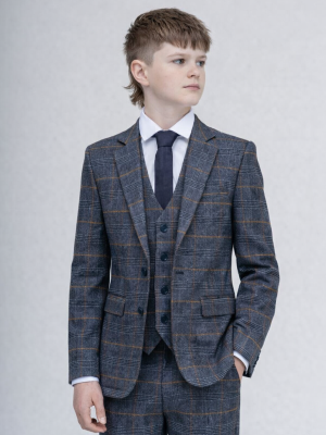 Boys 5 Piece Blue Plaid Check Suit