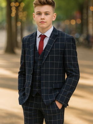 Boys 5 Piece Navy with White Check Suit