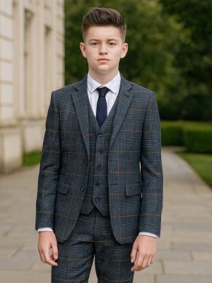 Boys 5 Piece Blue Plaid Check Suit