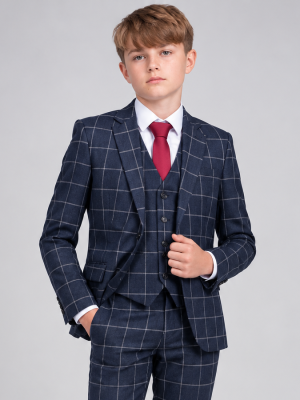 Boys 5 Piece Navy with White Check Suit