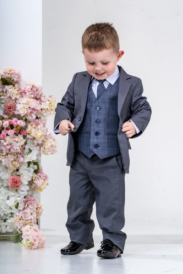 Boys Boys 5 Piece Suit with James Waistcoat, Choice of Suit Colour – Navy Grey Black