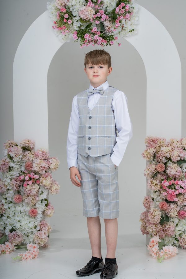 Boys Boys 4 Piece Light Grey Check Shorts Suit