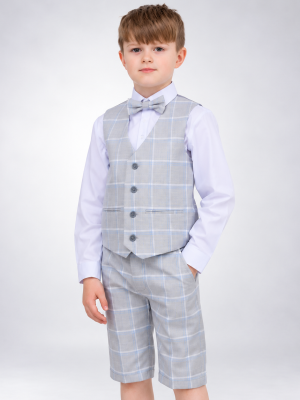 Boys 4 Piece Light Grey Check Shorts Suit