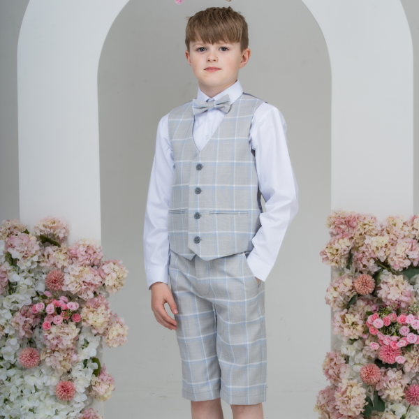 Boys Boys 4 Piece Light Grey Check Shorts Suit