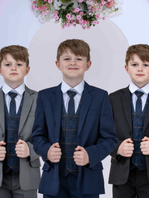 Boys Boys 5 Piece Suit with Kevin Waistcoat, Choice of Suit Colour – Navy Grey Black