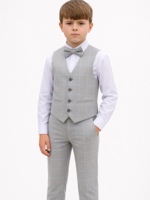 Boys 4 Piece Light Grey Check Suit