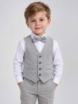 Boys 4 Piece Light Grey Check Suit