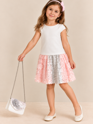 Girls White, Peach & Grey Dress