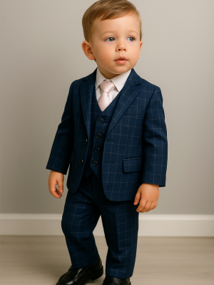 Baby Boys 5 Piece Navy Check Suit
