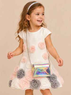 Girls White Grey Flower Dress With Bag