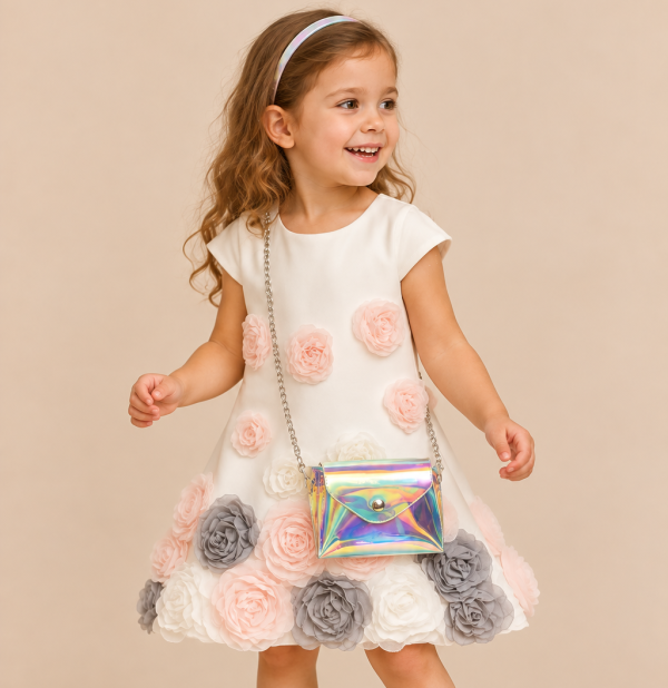Girls White Grey Flower Bag-2