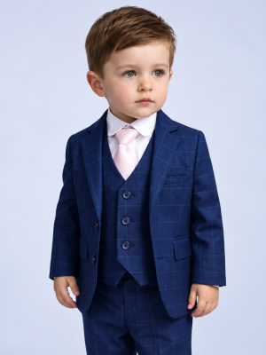 Baby Boys 5 Piece Navy Check Suit