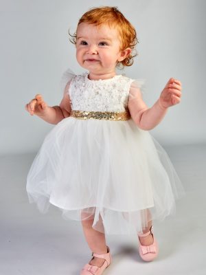 Baby Girls White Gold Bow Dress