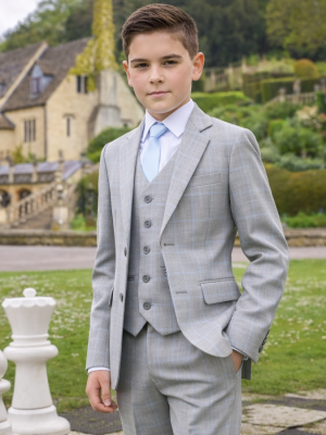 Boys 5 Piece Grey with Blue Check Suit