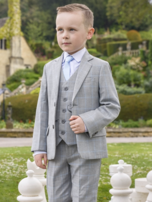 Baby Boys 5 Piece Grey with Blue Check Suit