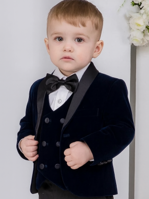Baby Boys 5 Piece Navy Velvet Tuxedo Suit Milano Mayfair
