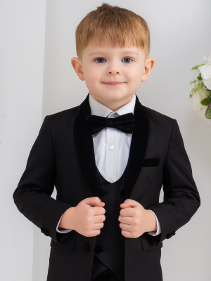 Baby Boys 5 Piece Black Velvet Lapel Tuxedo Suit Milano Mayfair