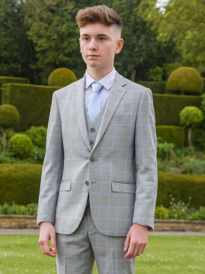 Boys 5 Piece Grey with Blue Check Suit